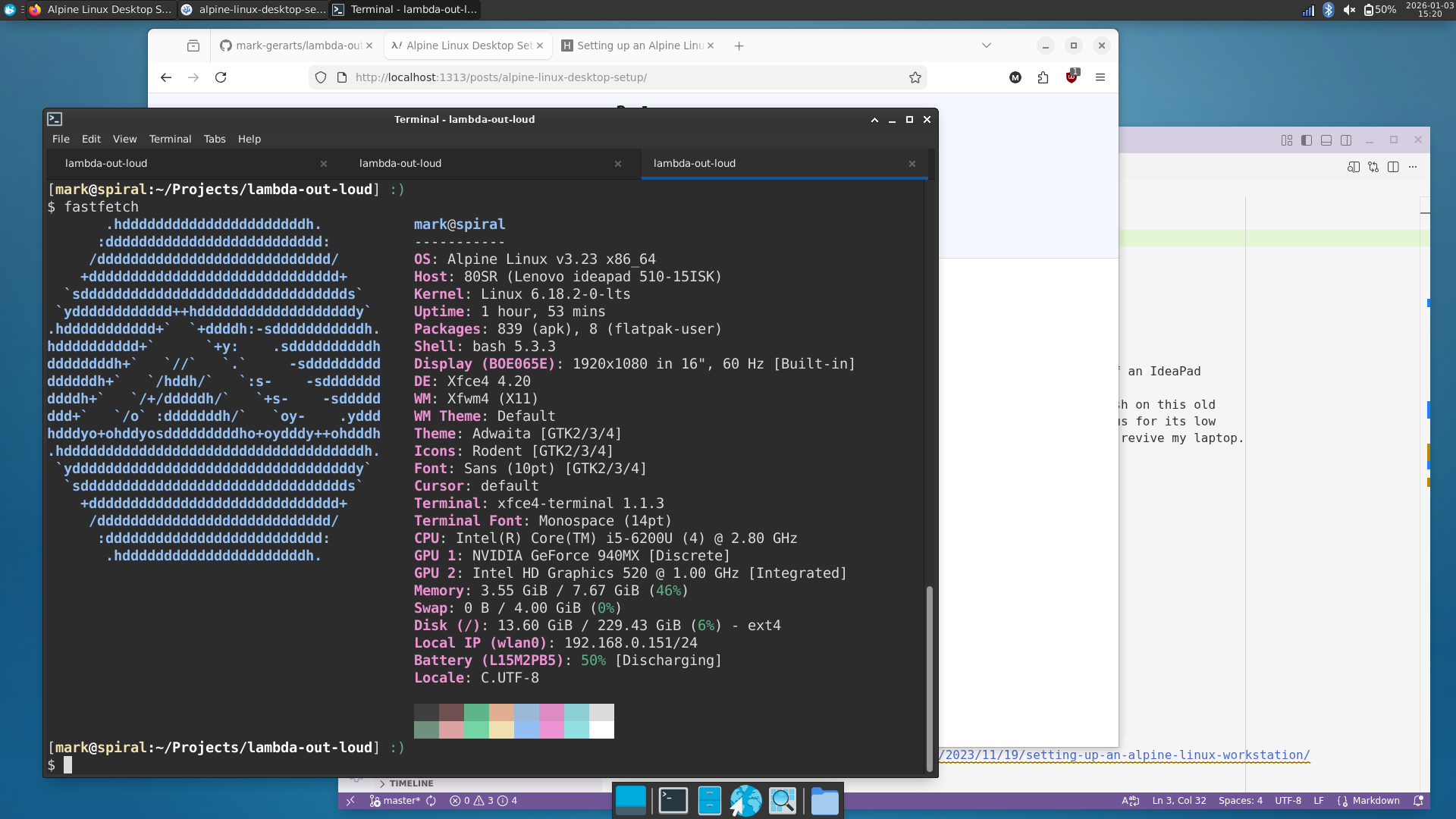 Xfce desktop primarily showing a terminal window running fastfetch.
